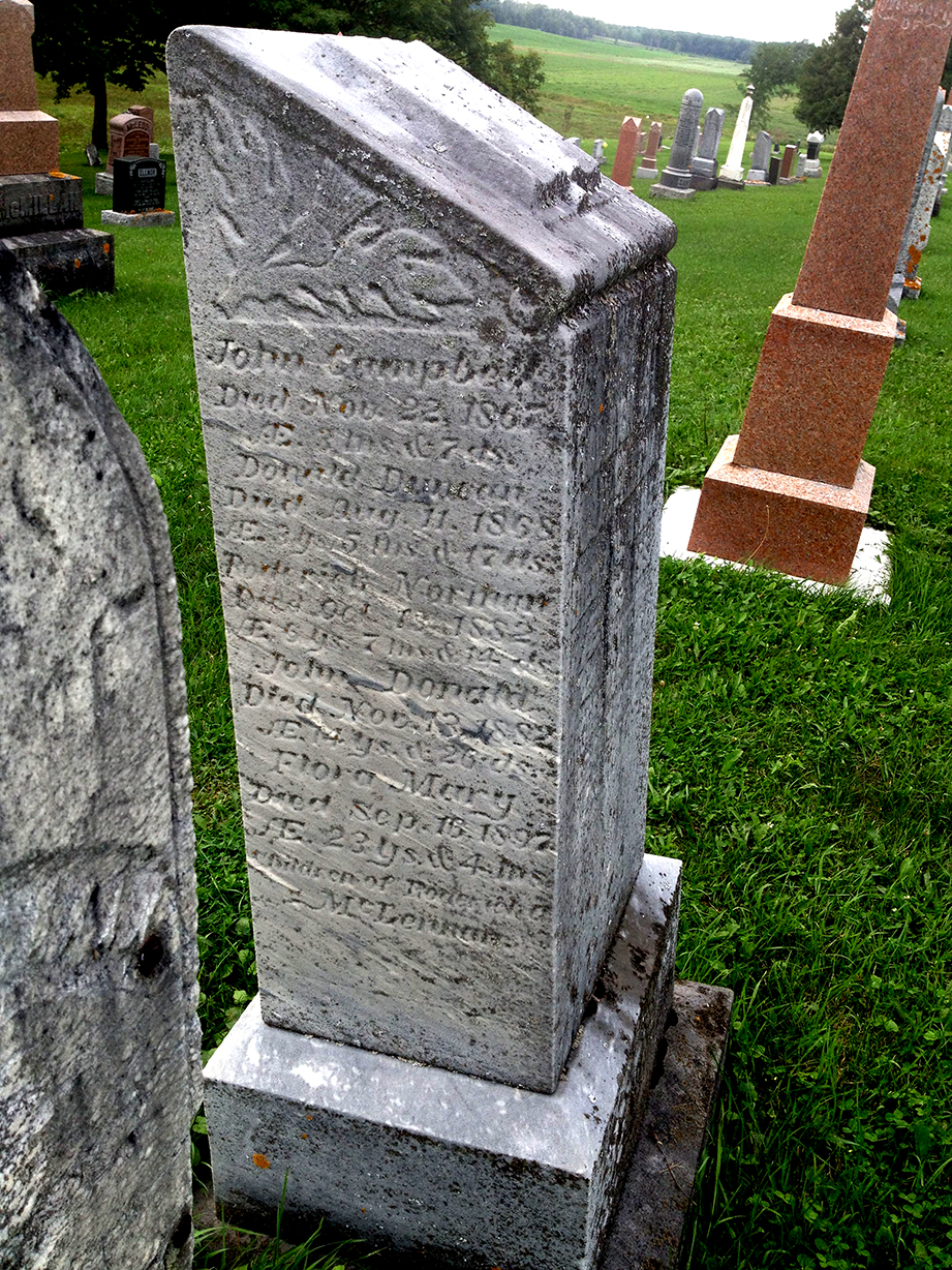 Photo of headstones/Roderick A McLennan d1889 hdstn Kirkhill cem ON left side